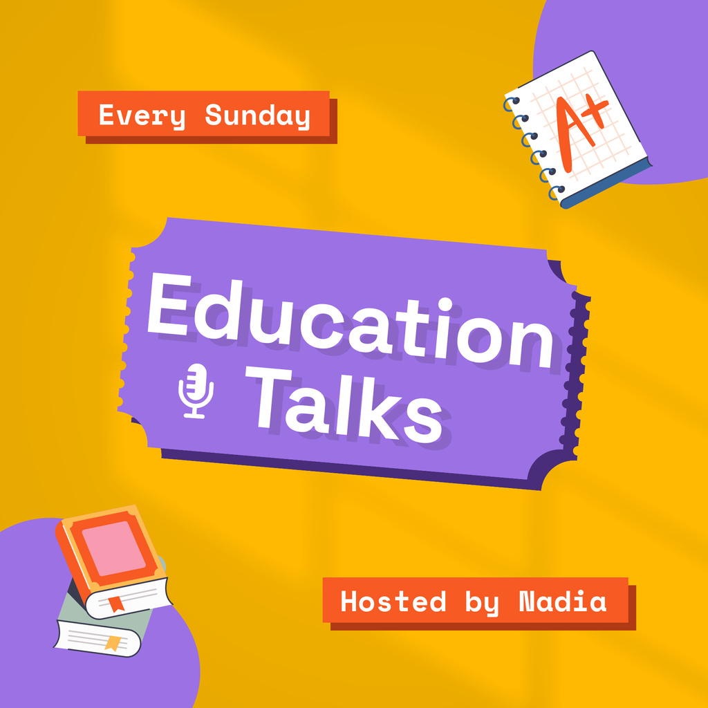 Education Podcast Announcement with Books and Notebook Podcast Coverデザインテンプレート