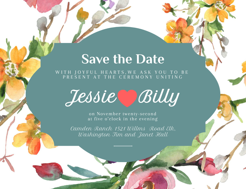 Wedding Announcement on Floral Watercolor Pattern Invitation 13.9x10.7cm Horizontal Tasarım Şablonu