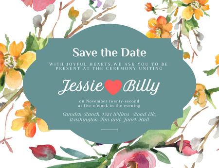 Wedding Announcement on Floral Watercolor Pattern Invitation 13.9x10.7cm Horizontal Design Template