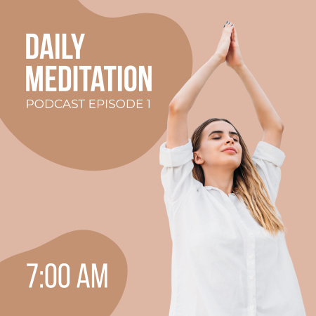Обкладинка подкасту ранкової медитації з жінкою на бежевому Podcast Cover – шаблон для дизайну