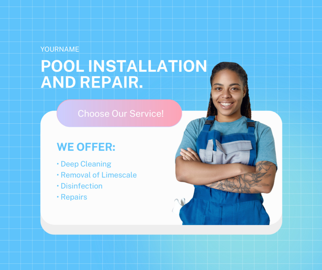 Pool Cleaning and Repair Offer with Young African American Woman Facebook Tasarım Şablonu