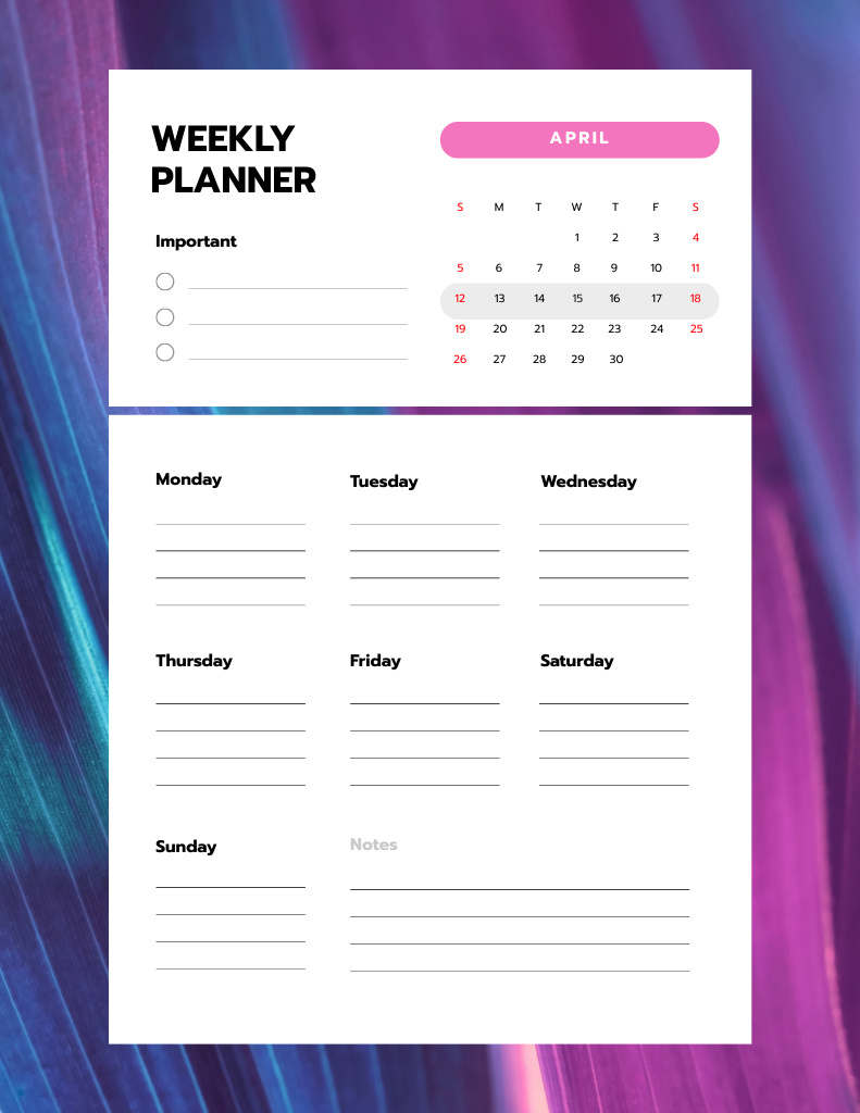 Weekly Planner on Purple Gradient Texture Notepad 8.5x11in Πρότυπο σχεδίασης