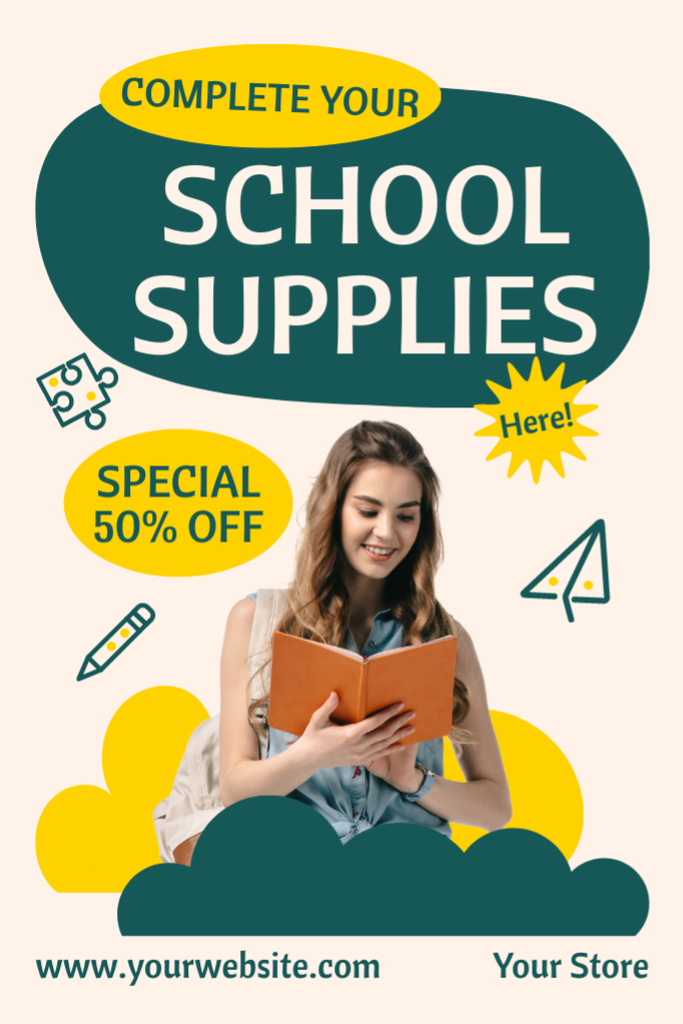 Plantilla de diseño de Special Discount on School Supplies with Girl and Textbook Tumblr 