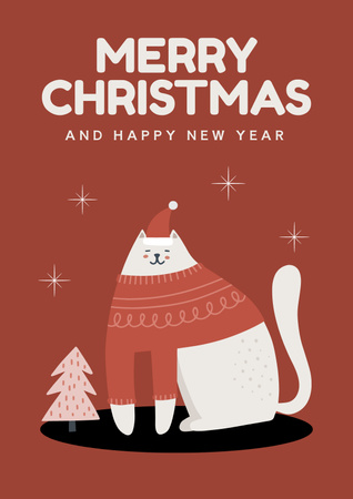 Christmas and New Year Greetings with Illustrated Cat in Woolen Poster Design Template