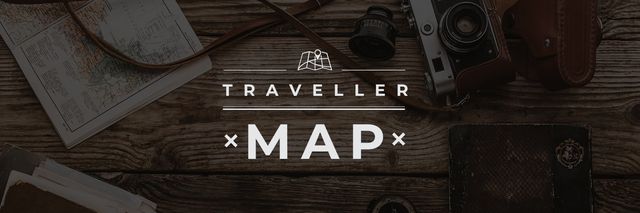 Plantilla de diseño de Traveller map  poster with vintage photo camera Twitter 