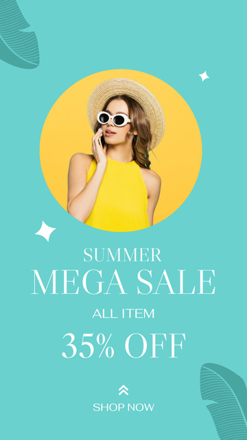 Summer Sale Announcement with Young Woman in Yellow Dress Instagram Story Πρότυπο σχεδίασης