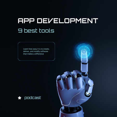 Plantilla de diseño de anuncio de desarrollo de aplicaciones con la mano de robot Instagram 