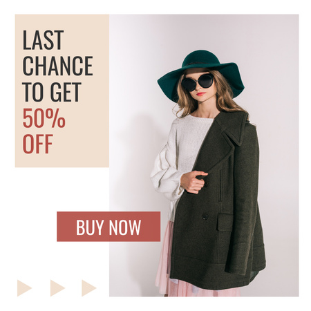 Ontwerpsjabloon van Instagram van aankondiging van de verkoop met aantrekkelijke vrouw in jas en hoed