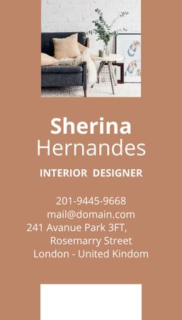 Interior Designer Services Ad with Cozy Apartment Business Card US Vertical Tasarım Şablonu