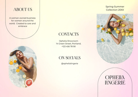 Ontwerpsjabloon van Brochure van Advertentie voor lingeriecollectie met vrouw in zwembad met citroenen