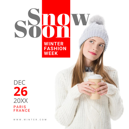 Női téli divathét hirdetménye, fehér kötöttáru nővel Instagram tervezősablon