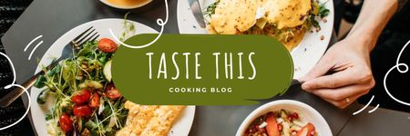 blog de culinária anúncio com pratos na mesa Twitter Modelo de Design