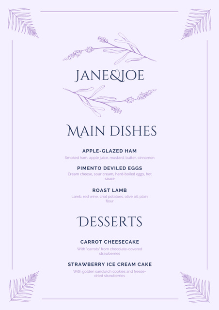 Minimalist Light Purple Wedding Menu – шаблон для дизайну