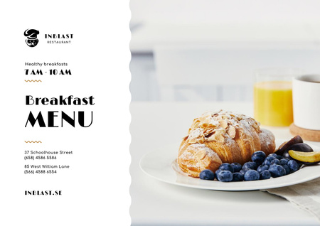 Ízletes reggeli friss croissant-nal és érett áfonyával Poster A2 Horizontal tervezősablon