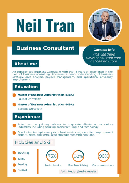 Ontwerpsjabloon van Resume van Work Experience and Skills of Business Consultant