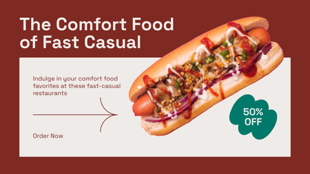 Designvorlage Angebot an leckerem Fast-Casual-Food mit Hot Dog für Title 1680x945px