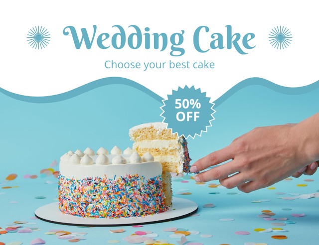 Template di design Discount on Delicious Wedding Cakes on Blue Thank You Card 5.5x4in Horizontal