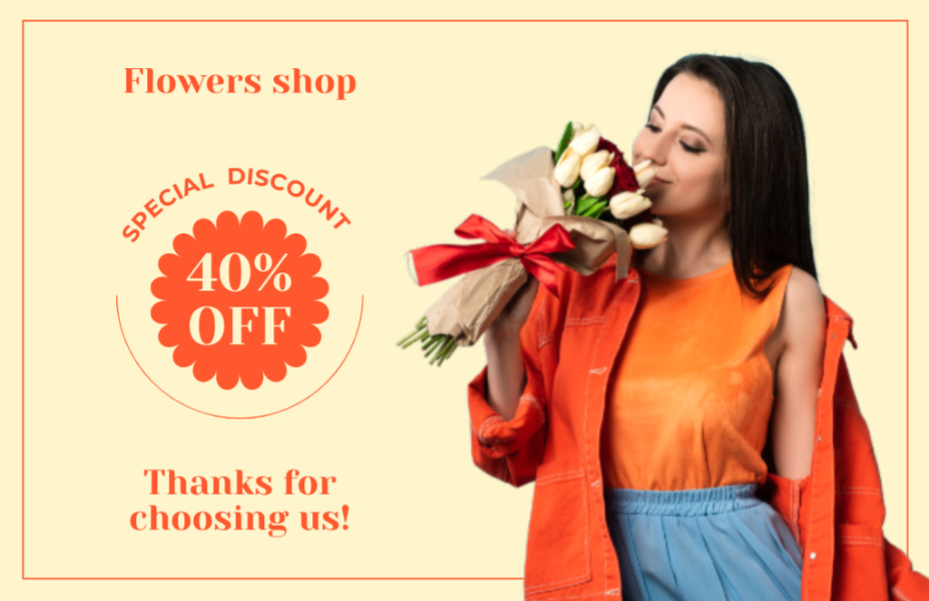 Plantilla de diseño de Thanks for Purchase and Special Discount Offer from Flower Shop Thank You Card 5.5x8.5in 