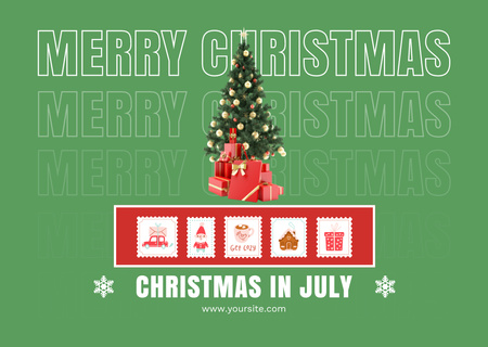 Designvorlage Wunderliche Weihnachtsfeier im Juli mit Weihnachtsbaum auf Grün für Flyer A6 Horizontal