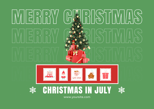 Whimsical Christmas Party in July with Christmas Tree on Green Flyer A6 Horizontal – шаблон для дизайна