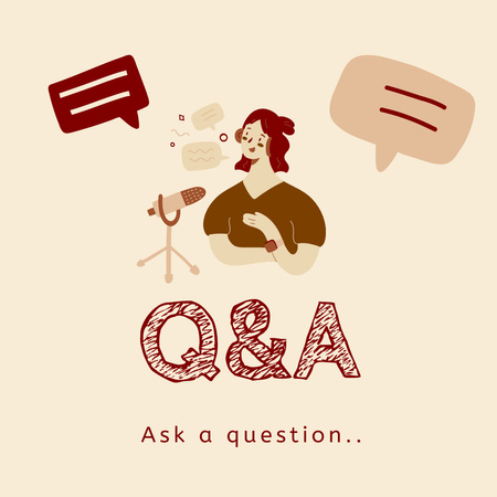 Plantilla de diseño de Anuncio de preguntas y respuestas con mujer de dibujos animados con micrófono Instagram 