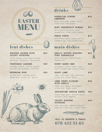 Húsvéti étkezési ajánlat aranyos nyúl illusztrációjával Menu 8.5x11in tervezősablon