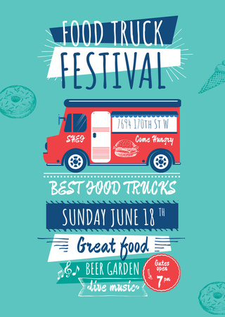 Modèle de visuel Publicité pour le festival des camions de restauration avec illustration d'une camionnette - Flyer A6