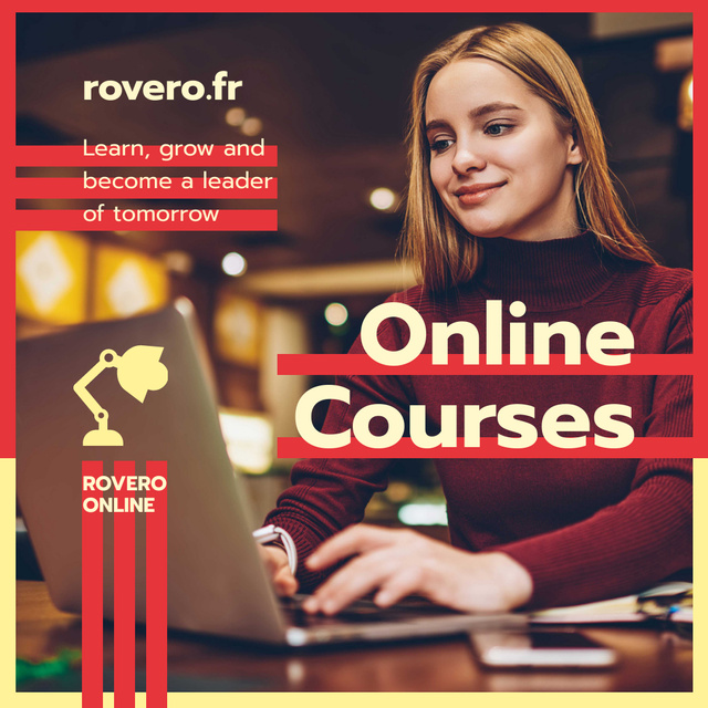 Online Courses Ad Woman Typing on Laptop in Red Instagram Šablona návrhu