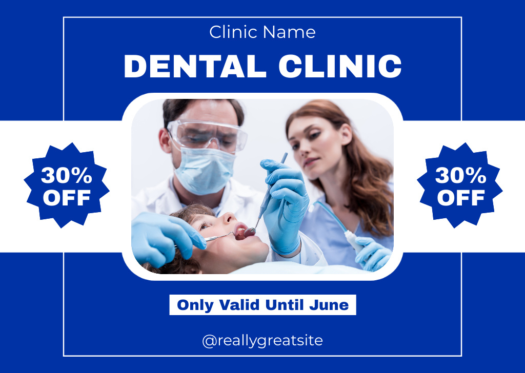 Ontwerpsjabloon van Card van Discount on Dental Services with Kid in Clinic