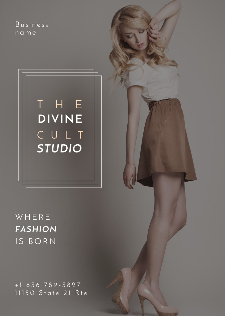 Platilla de diseño Fashion Studio Ad with Blonde Woman in Casual Clothes Flyer A6
