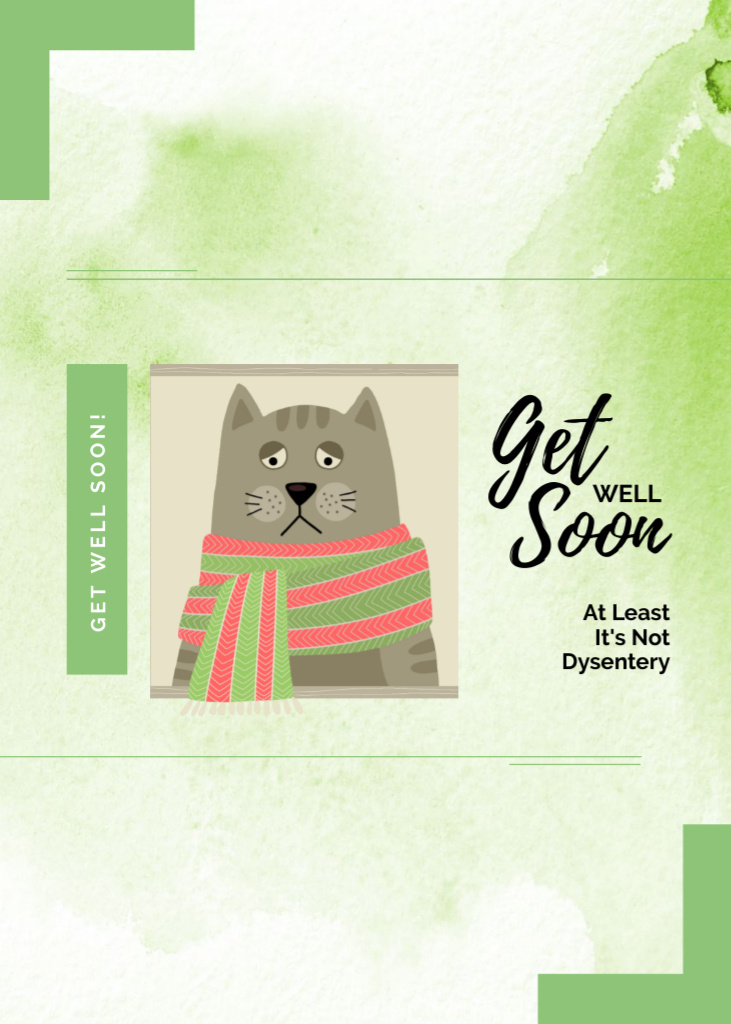 Get Well Soon Wishes with Sick Cat Postcard 5x7in Vertical Šablona návrhu