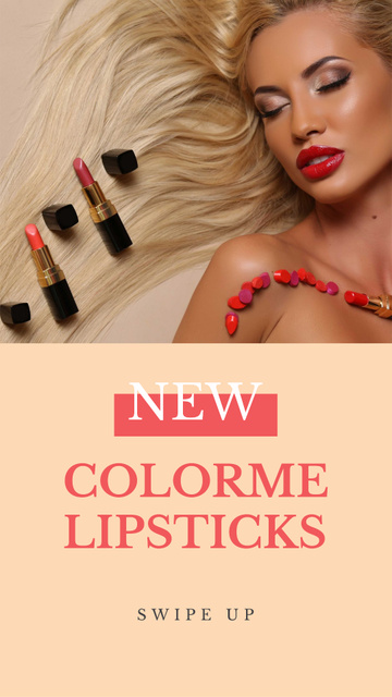 Lipsticks Sale Ad with Beautiful Young Woman Instagram Story Design Template