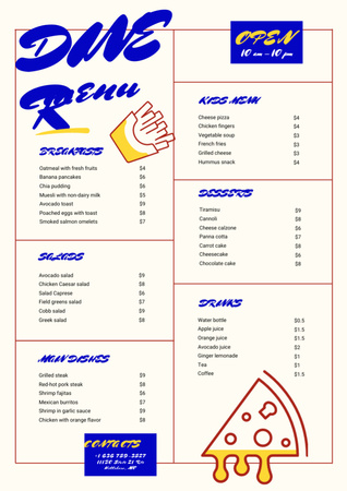 Список блюд закусочной в синем цвете Menu – шаблон для дизайна