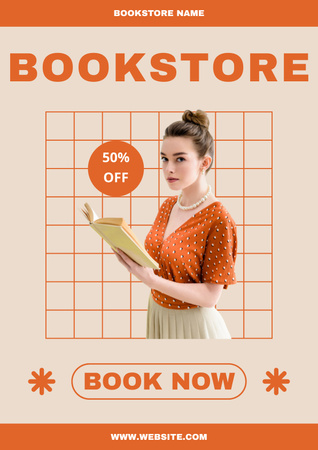 Retro Style Dressed Woman is Reading Poster Design Template