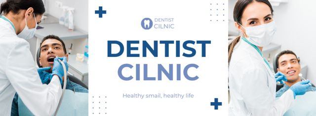 Dental Clinic Services Ad with Patient and Doctor Facebook cover Tasarım Şablonu