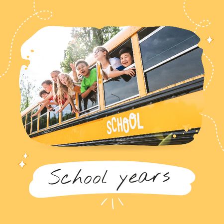 School Memories Album with Children in Bus Photo Book Design Template