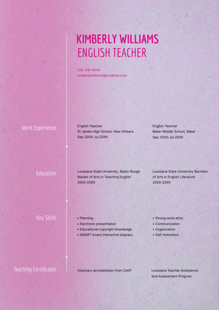 English Teacher Skills and Experience Offer Resume Design Template