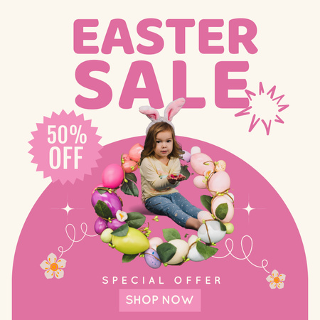 Easter Sale Ad with Cute Kid in Bunny Ears Instagram Design Template