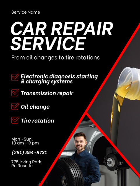 Car Repair Service Ad with Repairman Poster USデザインテンプレート