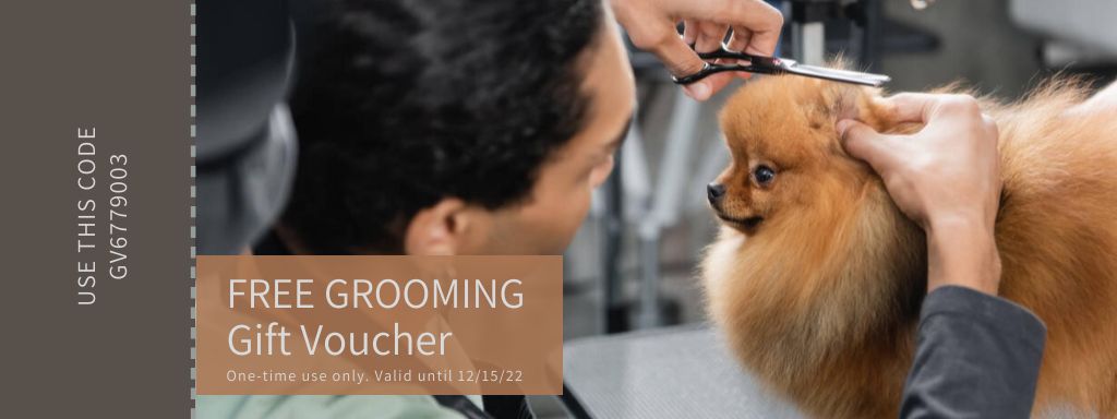 Ontwerpsjabloon van Coupon van Free Grooming Offer with Cute Little Dog