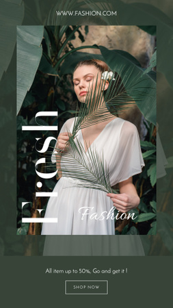 Designvorlage Frau im zarten Kleid mit Pflanzenblättern für Instagram Story