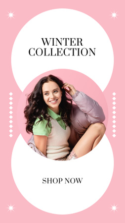 anúncio de coleção de inverno com garota sorrindo Instagram Story Modelo de Design