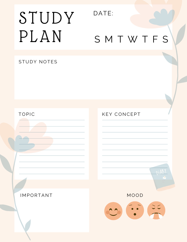 Designvorlage Simple Study Planner with Flowers and Emoticons für Notepad 8.5x11in