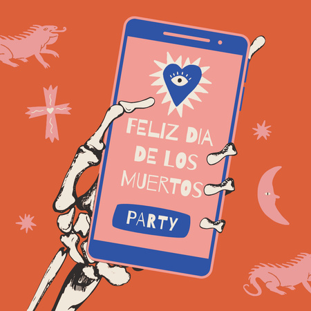 Dia de los Muertos Announcement on Phone in Skeleton's Hand Animated Post Design Template