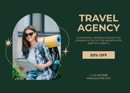 Travel Agency Discount Offer on Green Card Design Template