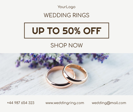 Platilla de diseño Jewelry Offer with Gold Wedding Rings and Blue Flowers Facebook
