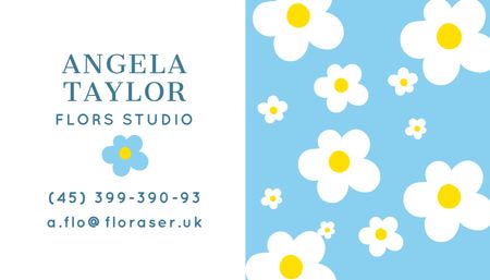 Designvorlage Blumen-Studio-Werbung mit Cartoon-Gänseblümchen für Business Card US