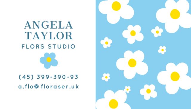 Flowers Studio Ad with Simple Cartoon Daisies Business Card USデザインテンプレート