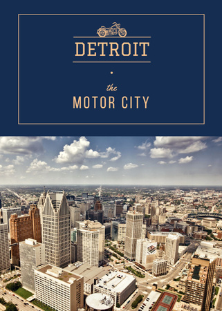 Detroit Impressive Cityscape In Blue Postcard 5x7in Vertical Design Template