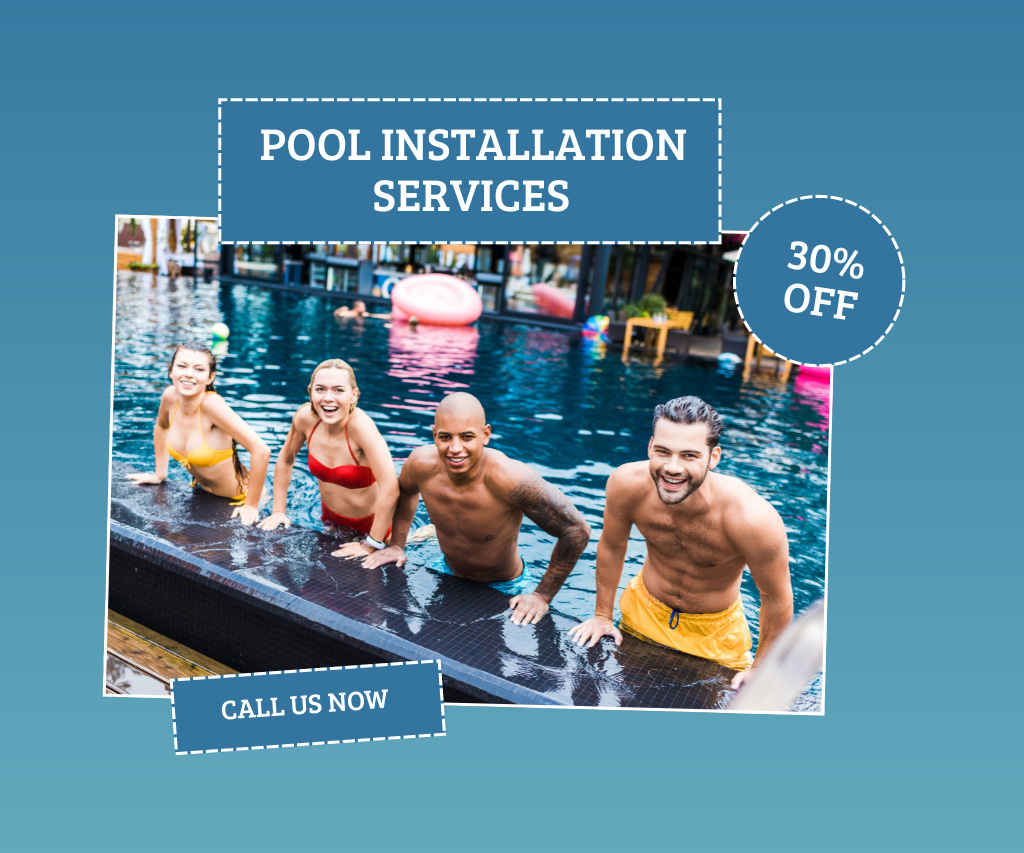 Platilla de diseño Modern Pool Installation Services Offer With Discount In Blue Large Rectangle